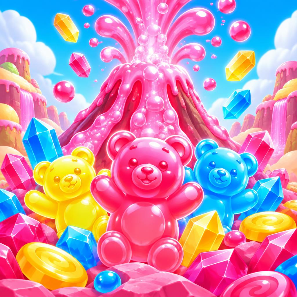 Candy volcano erupting colorful gummy sweets