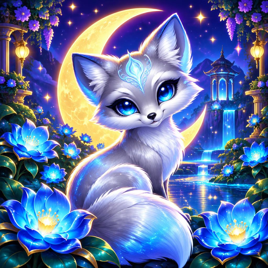 Silver fox under a glowing moon palace in a fantasy slot theme