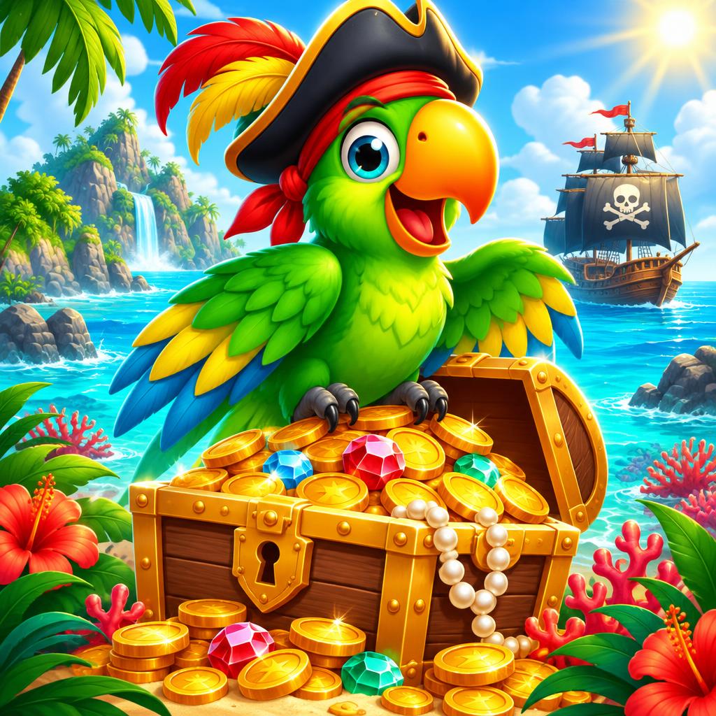 Cartoon pirate parrot guarding a treasure chest of gold coins