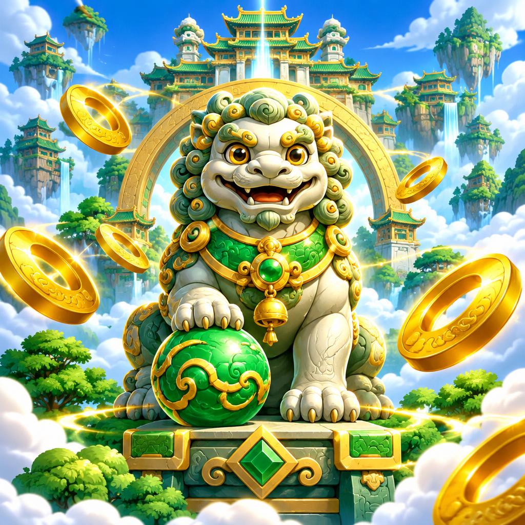 Jade stone lion statue among floating sky temples