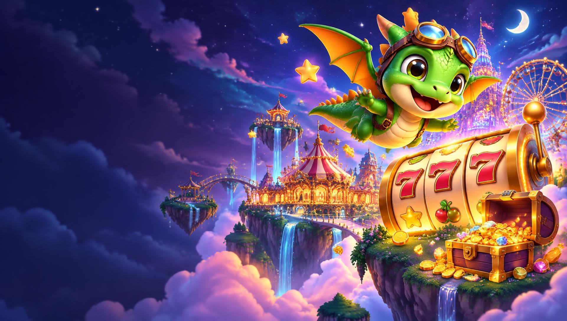 Vungo dragon flying above a fantasy slot carnival