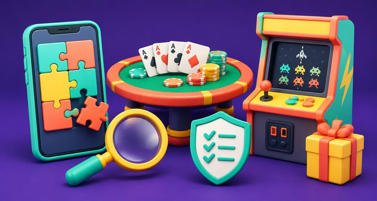 Cartoon puzzle phone, card table and arcade cabinet with a magnifying glass and shield checklist