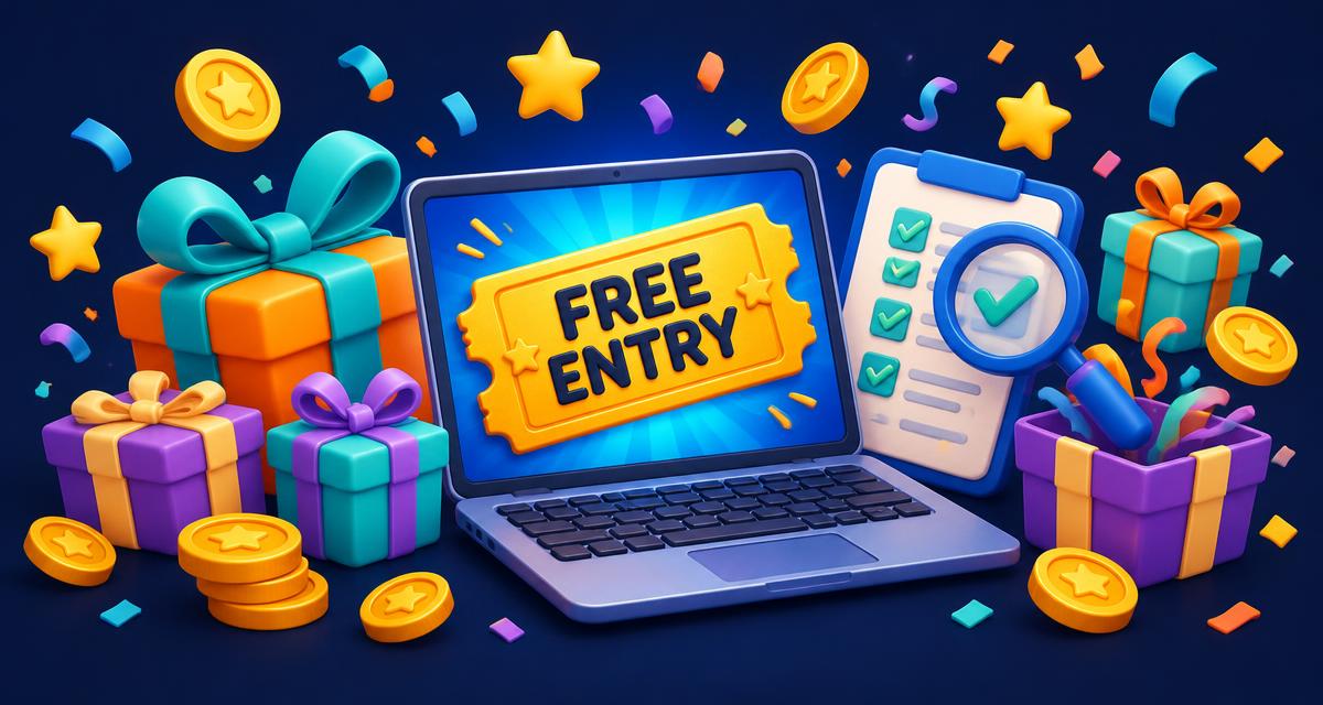 Cartoon laptop showing a free entry ticket, gift boxes, a checklist, and a magnifying glass