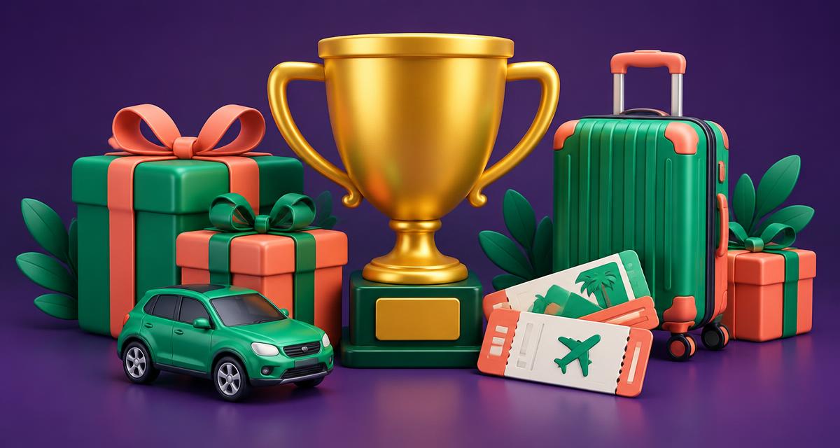 Cartoon gold trophy, gift boxes, toy car, suitcase, and travel tickets illustrating prize categories
