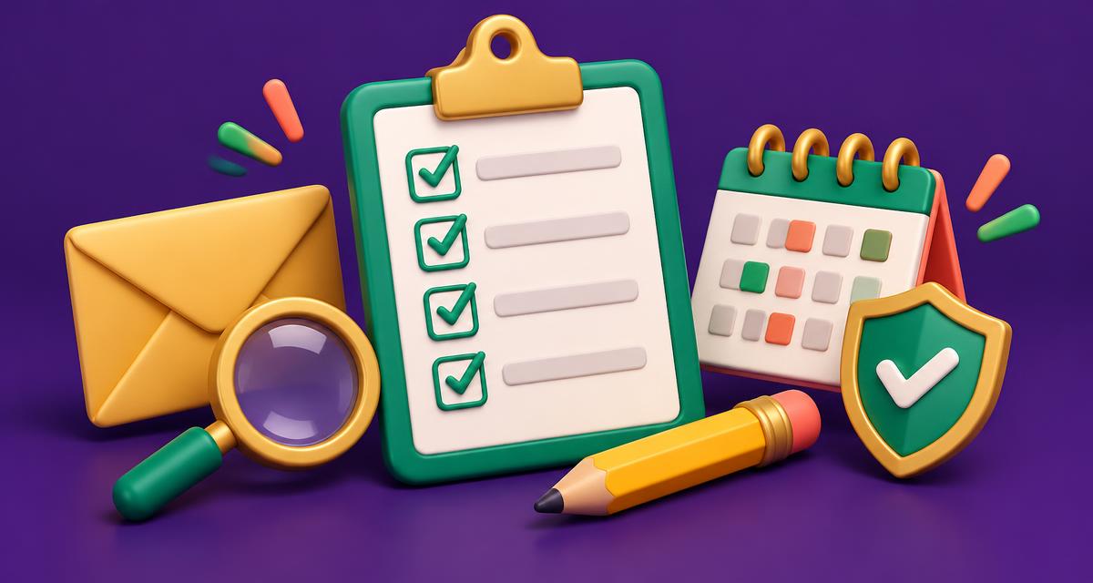 Cartoon entry checklist, envelope, calendar, pencil, magnifying glass, and verification shield
