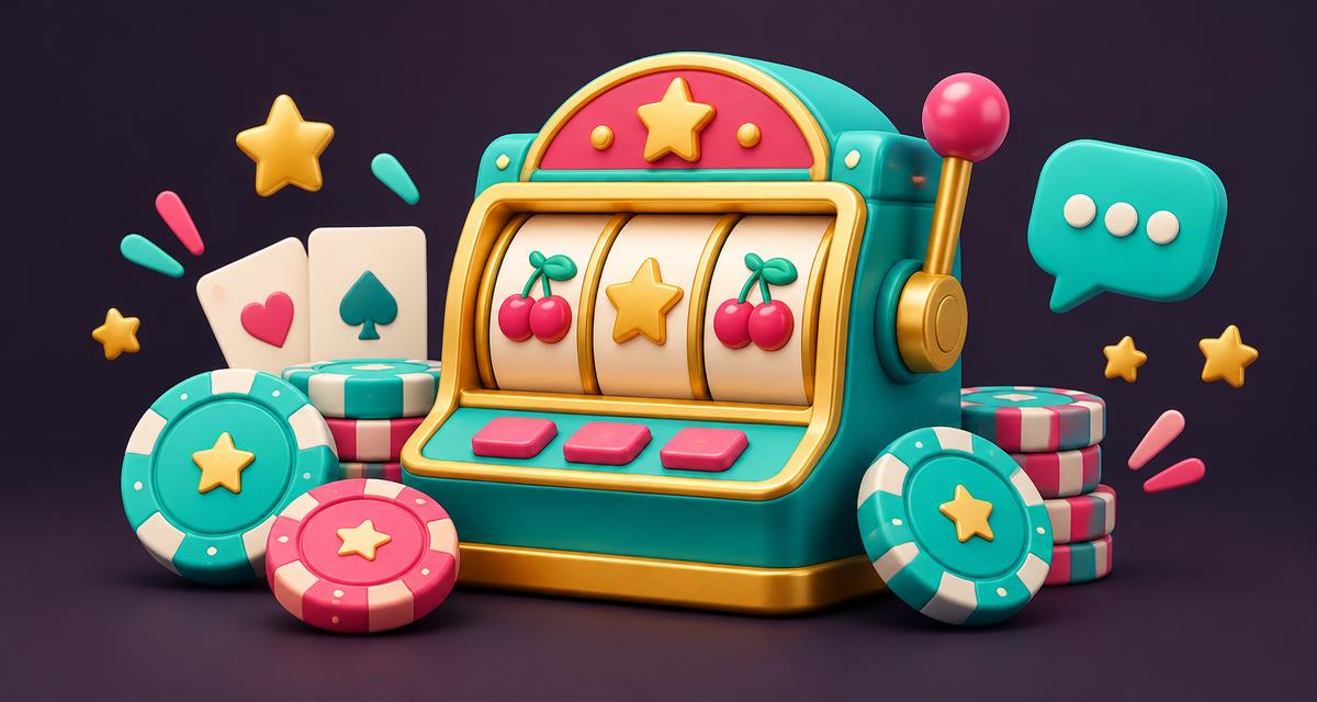 Cartoon slot machine, virtual star chips, playing cards, and a chat bubble