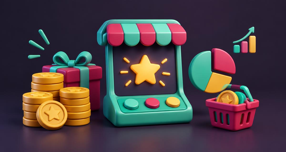 Cartoon digital storefront with virtual tokens, a gift, and business chart symbols