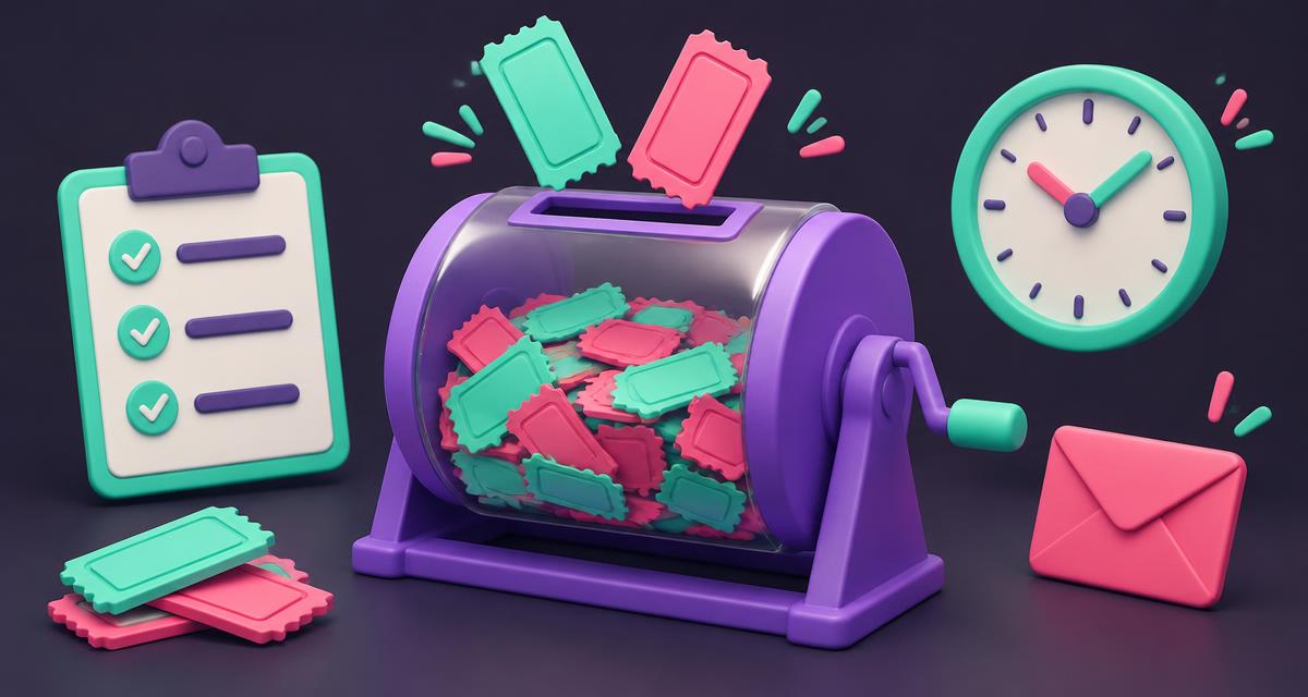 Cartoon entry tickets, a ticket drum, a clock, and a checklist