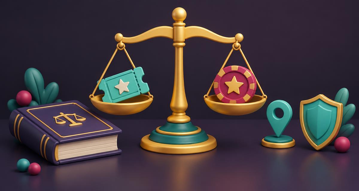 Cartoon justice scales balancing an entry ticket and virtual chip beside a rules book