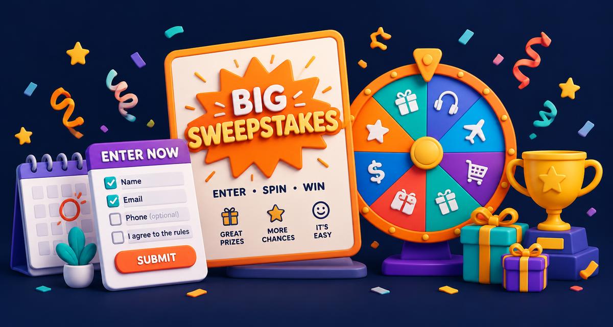Cartoon prize wheel, entry form, calendar, trophy, and gift boxes