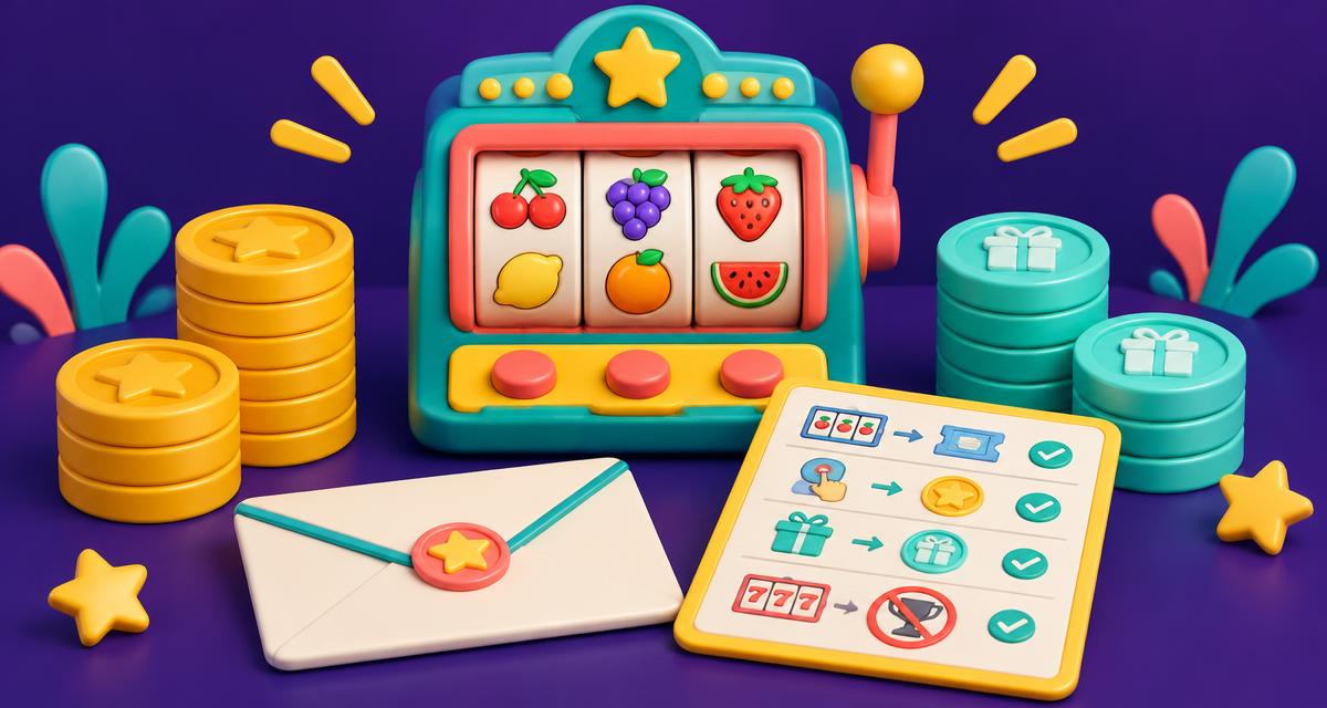 Cartoon slot cabinet with separate gold and mint tokens, an envelope and a rules checklist